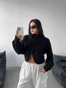 Flirla 大码时尚俏皮高领短款长袖修身针织套头衫，秋冬款 - 黑色 - 查看 1