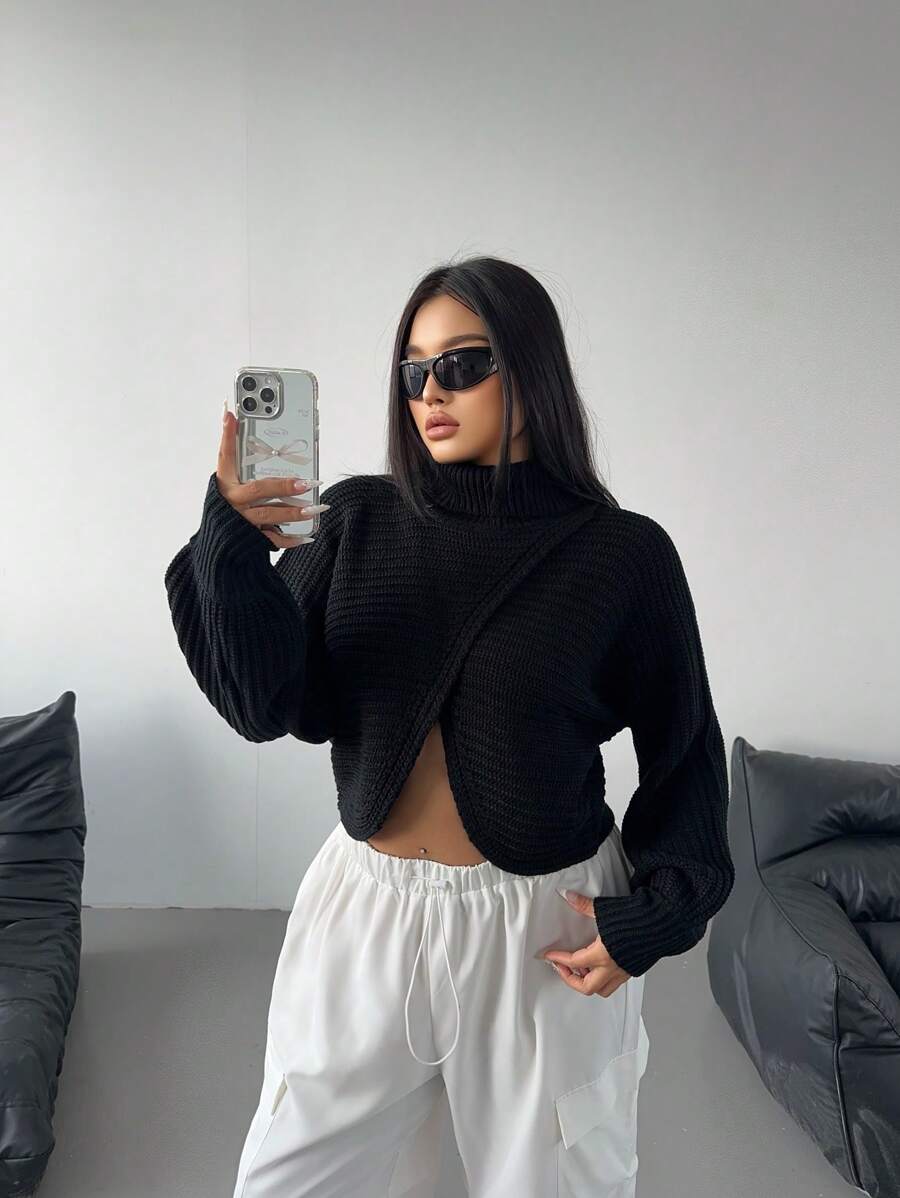 Flirla 大码时尚俏皮高领短款长袖修身针织套头衫，秋冬款 - 黑色 - 查看 1