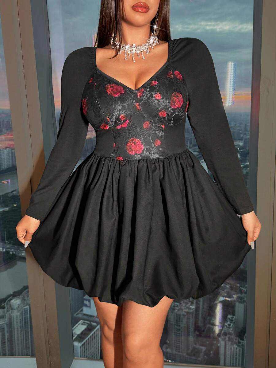Allurite Sweet Romantic Solid Color Bubble Mini Dress,Valentine