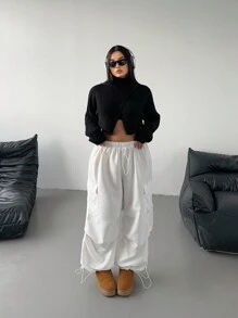 POPSWAY Plus Size Women's Solid Color Drawstring Waist Wide Leg Casual Cargo Pants Fall Cloth For Women - White - View 5