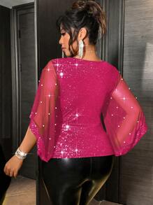 Allurite Plus Size Fashionable Sexy Deep V-Neck Sequin Mesh Contrast T-Shirt - Hot Pink - View 2
