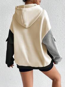 SHEIN Unity Áo nỉ trùm đầu tay dài túi họa tiết khối màu dành cho nữ mùa thu - Màu be - Xem 2