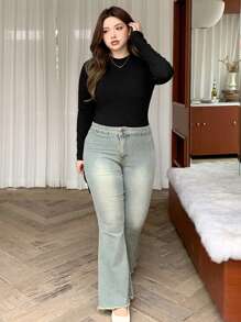 Dazy Petite Plus 1pc Crew Neck Solid Color Slim Fit Long Sleeve Black Base Layer T-Shirt, Spring/Summer/Autumn - Black - View 8