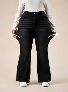 SHEIN BASICS Plus Size Black Stretch Denim Flare Jeans - Black - View 3