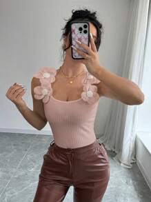 Elenzga Áo ba lỗ không tay dày cổ vuông họa tiết hoa tinh tế cho nữ - Hồng - Xem 5