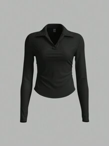 SHEIN BASICS Women Casual Plain Knit Collared Half-Zip Up Fitted Long Sleeve Top With Side Ruched - Black - View 6