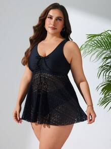 SHEIN Swim Curve 2pcs Plus Size Women Lace Up Hollow Out Lace Drawstring Elegant Plus Size Swimsuit Summer - Black - View 4