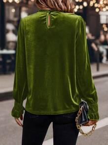 SHEIN Clasi 1pc Women's Solid Color Frill Trim Long Sleeve Pullover Casual Top, Daily Wear - Green - View 2