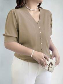 EMERY ROSE Plus Size Women V-Neck Short Ruffle Sleeve Solid Color Sweater, For Autumn/Winter Knit Pullover Fall - Khaki - View 1