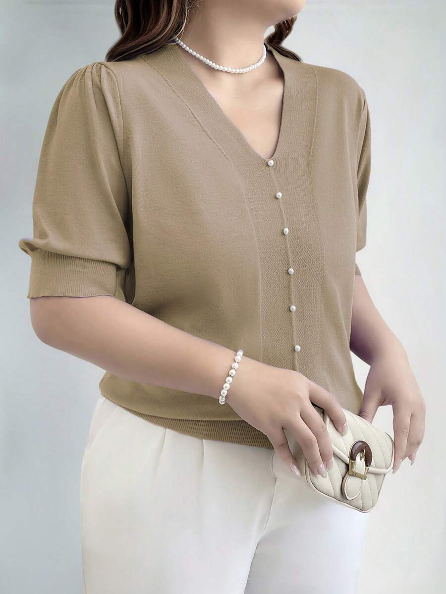 EMERY ROSE Plus Size Women V-Neck Short Ruffle Sleeve Solid Color Sweater, For Autumn/Winter Knit Pullover Fall - Khaki - View 1