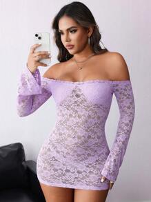 INAWLY Women Simple Daily Off-Shoulder Solid Lace Trim Dress Fall Cloth For Women - Purple - View 6
