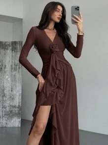 Aloruh 优雅新款荷叶边肩带装饰 3D 花卉图案深 V 领透明连衣裙 - 咖啡棕 - 查看 7