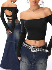 SHEIN EZwear Damen Herbst/Winter Y2K Strick leicht Off-Shoulder T-Shirt - Schwarz - Übersicht 8