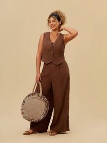 Travachic Plus Size 2pcs/Set Vest Cardigan And Wide Leg Pants Outfit