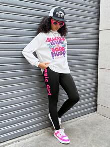 SHEIN Leap Crew 青少年女孩 2 件套，街头，黑白，圆领涂鸦印花宽松长袖运动衫和修身打底裤运动休闲套装，运动服