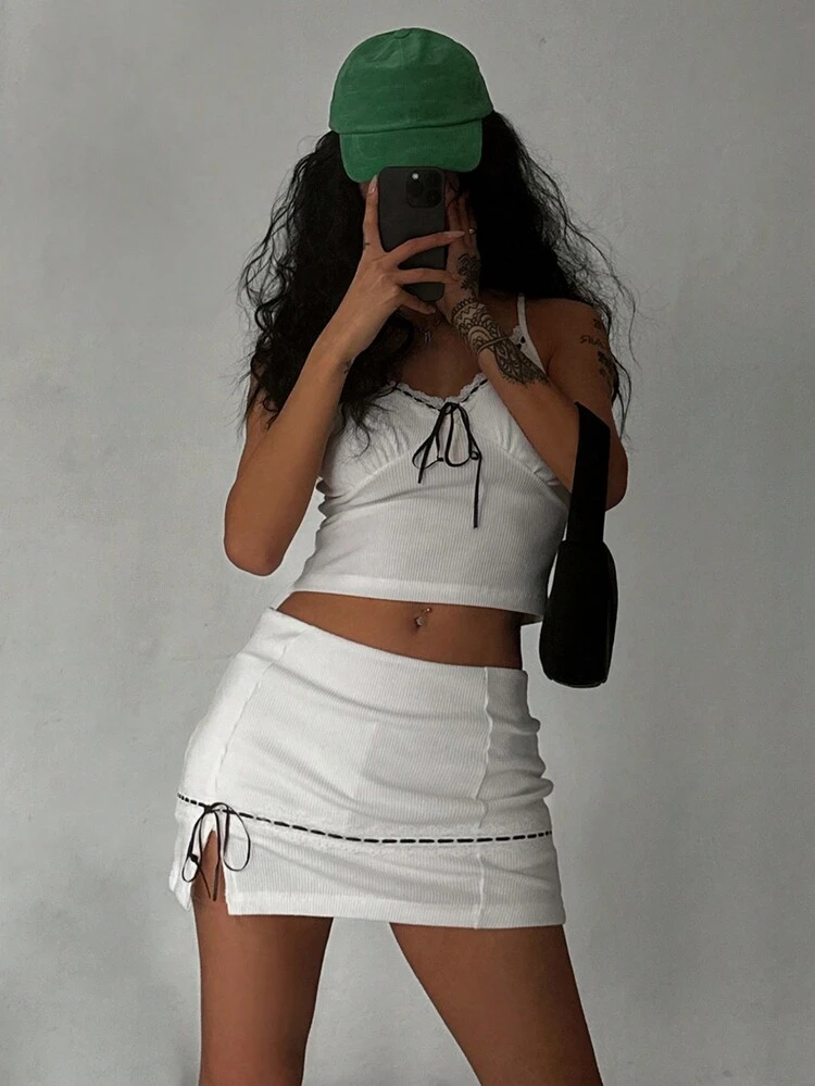Women's Contrast Lace Tie-Up Cropped Camisole Tank Top, White, Spring/Summer