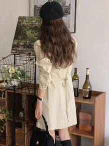 DAZY Women's Solid Color Lapel Cardigan Short Dress, Apricot, Spring/Summer/Autumn Shirt Dress,Fall Women Clothes Long Sleeve Dress - Apricot - View 5