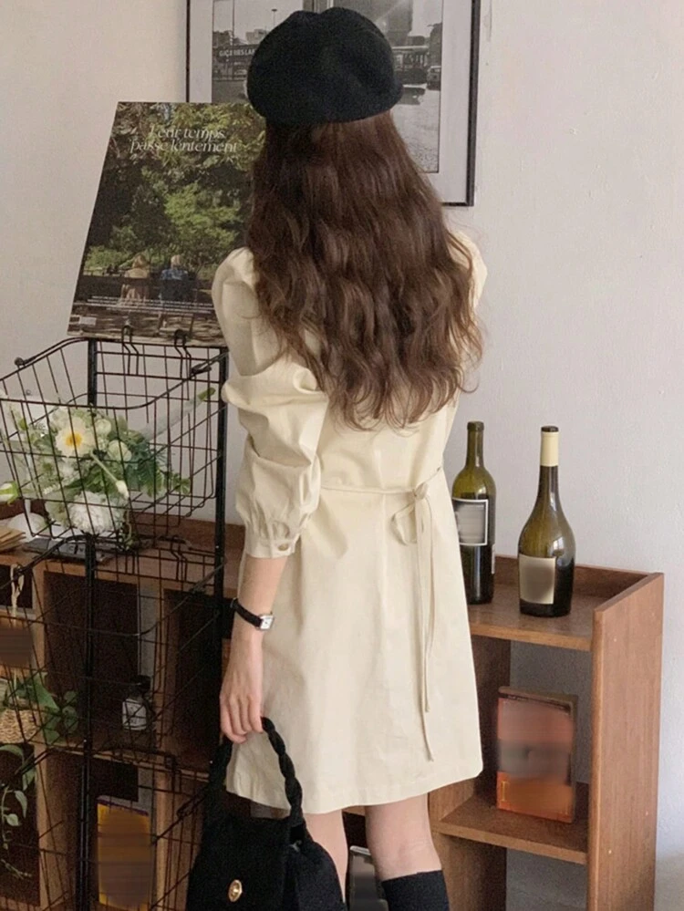 Women's Solid Color Lapel Cardigan Short Dress, Apricot, Spring/Summer/Autumn Shirt Dress,Fall Women Clothes Long Sleeve Dress