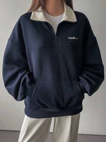 Dazy-Less Damen Kontrast-Farbblock Patchwork bestickter Buchstaben Sweatshirt, Langarm Oberteil, Herbstkleidung