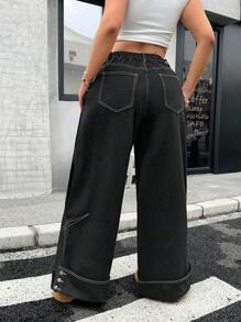 SHEIN ICON Plus Size Front Button Pocket Minimalist Design Denim Jeans, Casual Everyday Wear