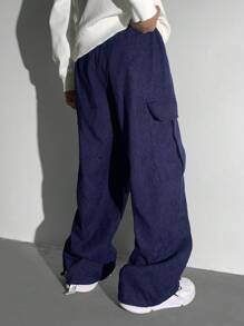 青少年男孩休闲日常口袋装饰抽绳腰部宽松纯色裤子 - 寶藍色 - 查看 2