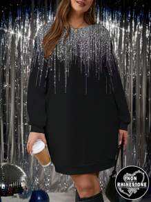 SHEIN LUNE Plus Size Women New Year Gold Ombre Print Long Hoodie Dress