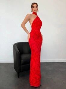 Aloruh 女士长款印花褶皱露背紧身连衣裙 秋冬连衣裙 圣诞服装 女士感恩节服装 秋季红色连衣裙 长袖红色连衣裙 优雅度假服装 婚纱 生日礼服 节日派对礼服 鸡尾酒会舞会礼服 圣诞派对礼服 除夕夜 感恩节假期 长款商务休闲优雅新年服装 拍照礼服 系带露背 - 紅色 - 查看 5