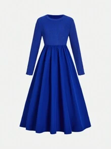 SHEIN Tween Girl Elegant Minimalist Solid Color Textured High-Stretch Long Sleeve Dress With Full Skirt,Holiday,Summer,Travel