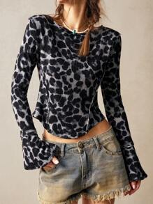 Bohemela 休闲针织豹纹圆领喇叭袖女式修身 T 恤 - 黑色 - 查看 1