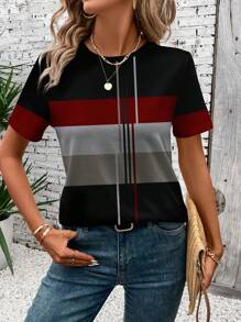 SHEIN LUNE 休闲条纹圆领短袖宽松女式T恤，春夏适合外出休闲穿着 - 彩色 - 查看 3