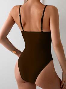 Swim Basics Women's Solid Color Spaghetti Strap One-Piece Swimsuit For Vacation And Beach Summer - Brown - View 2