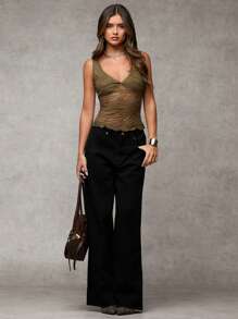 SHEIN BAE Women's Sexy Solid Color See-Through Mesh Sheer Tank Top - Brown - View 8