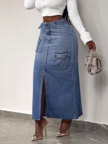 Slaydiva 女士纽扣腰口袋休闲牛仔 A 字裙 - 藍色 - 查看 4