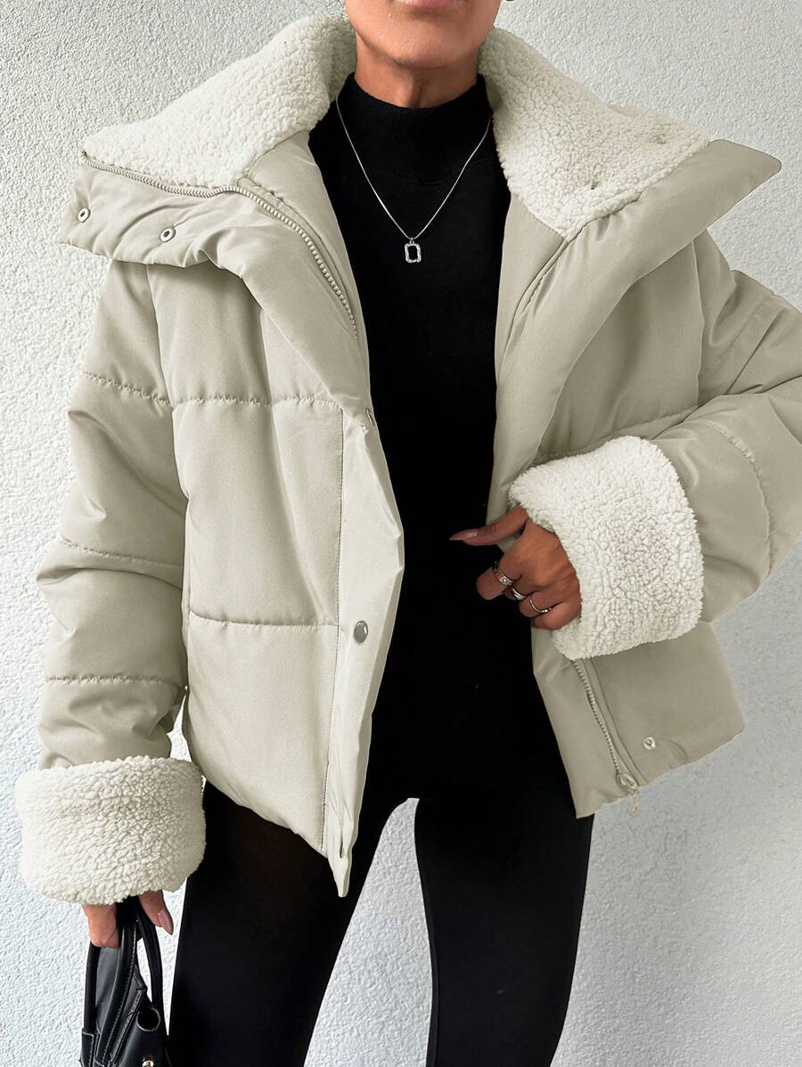 EURMUSE Women's Furry Patchwork Long Sleeve Casual Padded Coat - Beige - View 1