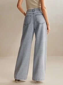 Anewsta Modieuze en elegante commuter parel versierde denim rechte broek, damesoutfit voor nieuwjaar en Kerstmis
