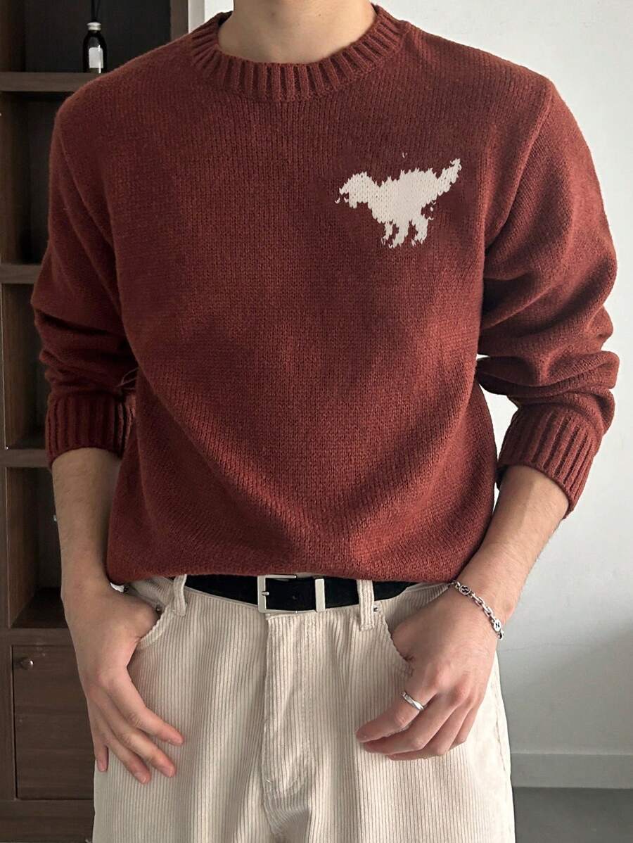 DAZY Pulover tricotat casual pentru bărbați, cu guler rotund, mânecă lungă, model detaliat, stil minimalist, toamnă, iarnă - Burgundia - Vizualizare 1