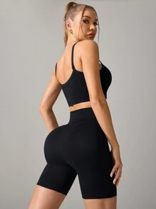 SHEIN Women Solid Color Cropped Camisole Top And Shorts Athletic Outfit - Black - View 2