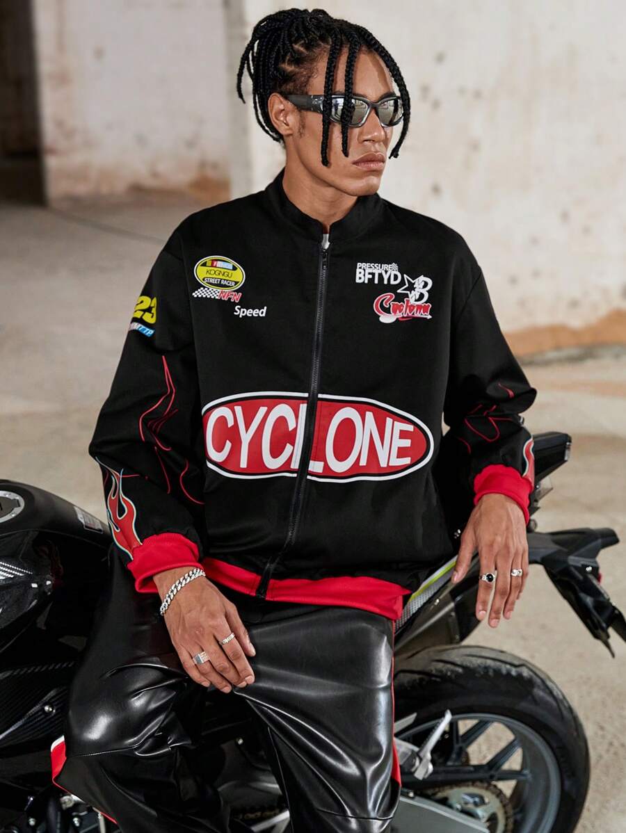 PAVTROS 男士休闲火焰与字母印花夹克，秋季 - 黑色 - 查看 1