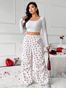 Calvaya Plus Size Women Cherry Print Loose Wide Leg Pants,Valentine Fall Cloth For Women - Red and White - View 5