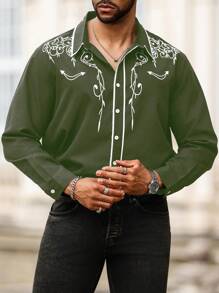 Manfinity Homme Plus Size Men's Botanical Print Long Sleeve Single Breasted Shirt, Autumn - Army Green - View 4