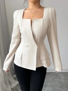 Elenzga Women's Elegant Solid Color French Style Square Collar Double-Breasted Long Sleeve Shirt For Commuting, Spring/Autumn - Apricot - View 5