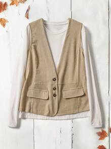 EMERY ROSE Women Corduroy Decor Pocket Vest Jacket
