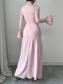 Chiquease 高领长袖荷叶边袖口和下摆开叉连衣裙，高弹力超舒适透气保暖修身浅色女式长裙，秋冬季，女士圣诞服装，感恩节服装女士长款女装 - 淺粉色 - 查看 2