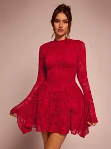 SHEIN BAE Vestito rosso monocolore sexy minimalista, con maniche lunghe, colletto alto, aderente, con ruches in pizzo, schiena aperta e design forato sulla schiena, adatto per cocktail festa, appuntamenti romantici, vestito sottoveste per autunno/inverno, feste, eventi formali, uscite serali, abiti da ospite di matrimonio, costumi di Ognissanti, abiti natalizi - Rosso - Visualizzare 7