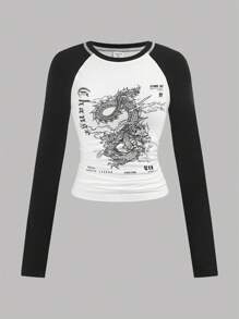 SHEIN Teen Girls Casual Chinese Dragon Print, Contrast Color, Round Neck Raglan Sleeve Short Sleeve Fitted T-Shirt, Suitable For Summer, Spring, Autumn, Winter - Contrast Color Patchwork, Knitted Raglan Sleeve, Ribbed Cuffs & Waist, Cropped Length