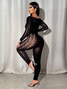 BamGleam Bộ jumpsuit dài tay ôm dáng, màu trơn, chất liệu ren, khoét lỗ, gợi cảm dành cho nữ, thích hợp cho các bữa tiệc năm mới, câu lạc bộ hoặc các dịp lễ hội. - màu đen - Xem 2