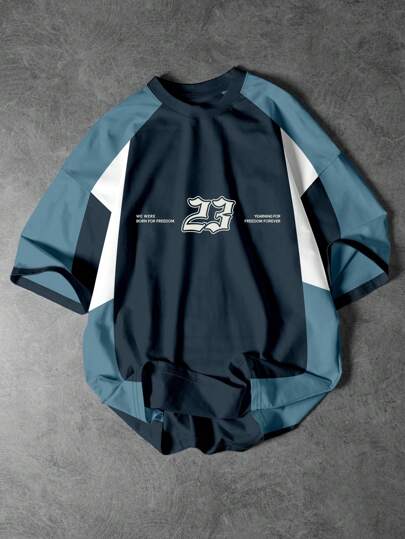  Aesthetic Post--Men's College Style Patchwork Design 23 Numbers And Letters Printed Round Neck Short Sleeve T-Shirt. Men's Round Neck T-Shirt Is Suitable For Daily Wear, Going Out, Sports, School, And Playing. It Can Be Used As A Gift For Children's School Start, Or As A Gift For Friends, 23 Jersey