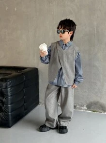 3pcs Kid Tween Boy Back-To-School Blue White Stripe Collared Cardigan,Solid Color Pullover Vest & Relaxed Fit Woven Pants Set,Casual Autumn School - Multicolor - View 5