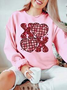 Flirla Sudadera casual con cuello redondo, manga larga y forro térmico con estampado de corazón, talla grande, adecuada para el Día de San Valentín, otoño/invierno