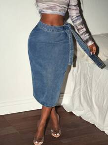 Slaydiva 女士系带简约牛仔裙，休闲日常穿着 - 藍色 - 查看 4